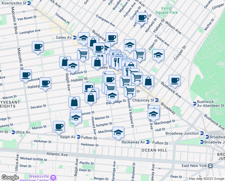 map of restaurants, bars, coffee shops, grocery stores, and more near 842 Macon Street in Brooklyn