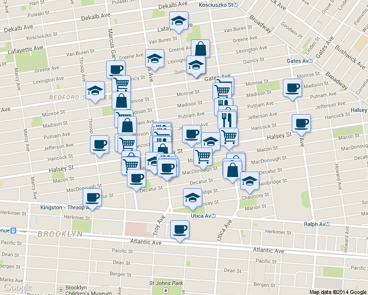 map of restaurants, bars, coffee shops, grocery stores, and more near 545 Hancock Street in Brooklyn