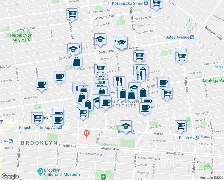 map of restaurants, bars, coffee shops, grocery stores, and more near 545 Hancock Street in Brooklyn