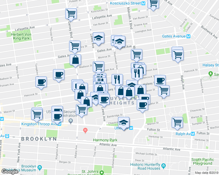 map of restaurants, bars, coffee shops, grocery stores, and more near 545 Hancock Street in Brooklyn