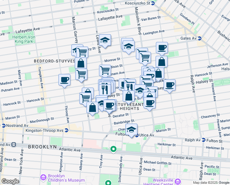 map of restaurants, bars, coffee shops, grocery stores, and more near 545 Hancock Street in Brooklyn