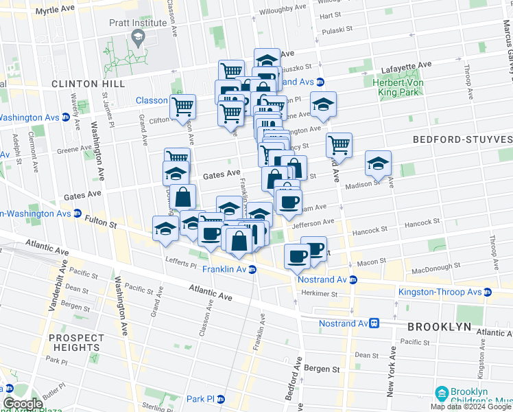 map of restaurants, bars, coffee shops, grocery stores, and more near 421 Franklin Avenue in Brooklyn
