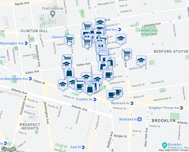 map of restaurants, bars, coffee shops, grocery stores, and more near 421 Franklin Avenue in Brooklyn