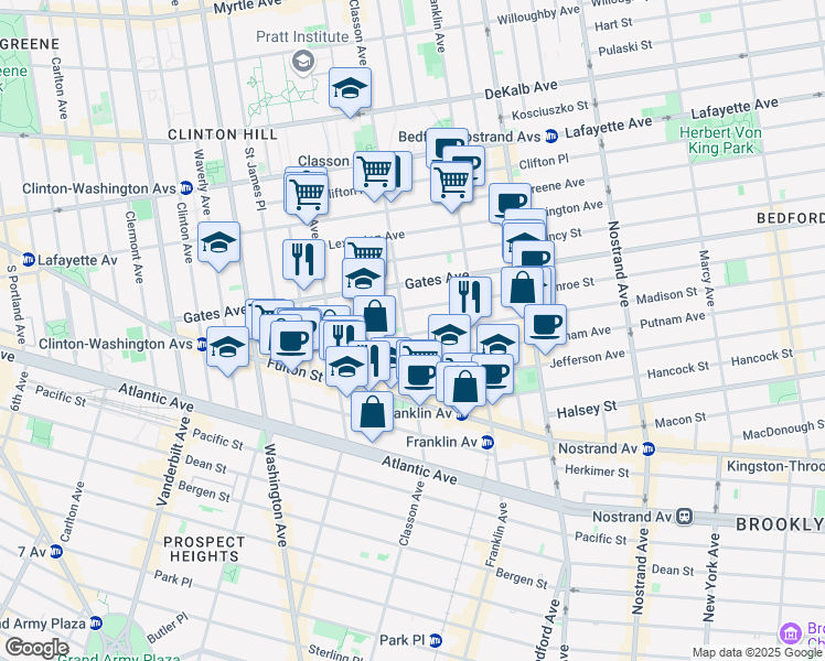 map of restaurants, bars, coffee shops, grocery stores, and more near 3 Monroe Street in Brooklyn