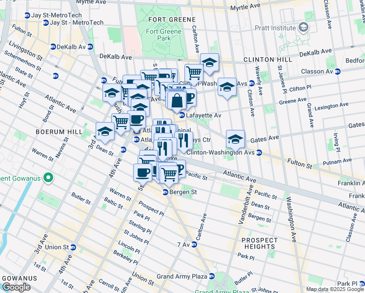 map of restaurants, bars, coffee shops, grocery stores, and more near 171 South Portland Avenue in Brooklyn