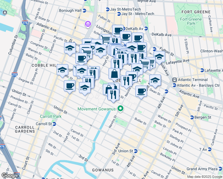 map of restaurants, bars, coffee shops, grocery stores, and more near 163 Bond Street in Brooklyn