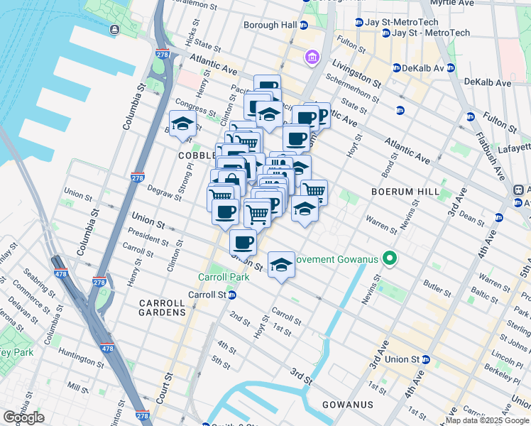 map of restaurants, bars, coffee shops, grocery stores, and more near 36 Butler Street in Brooklyn