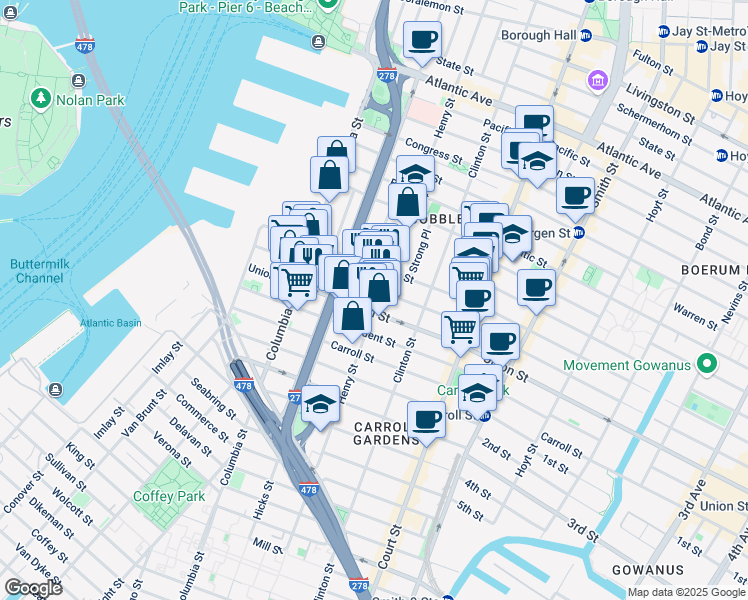map of restaurants, bars, coffee shops, grocery stores, and more near 492 Henry Street in Brooklyn