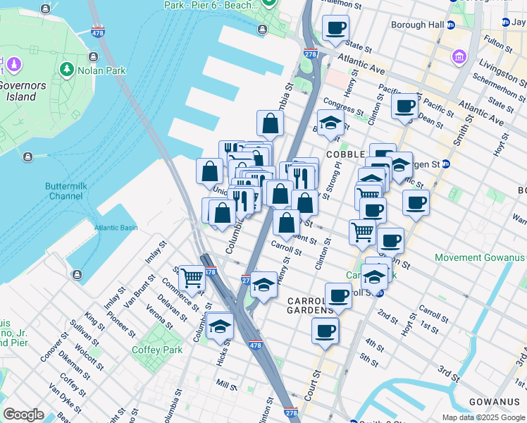 map of restaurants, bars, coffee shops, grocery stores, and more near 221 Columbia Street in Brooklyn