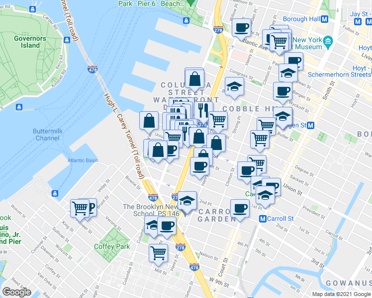 map of restaurants, bars, coffee shops, grocery stores, and more near 221 Columbia Street in Brooklyn