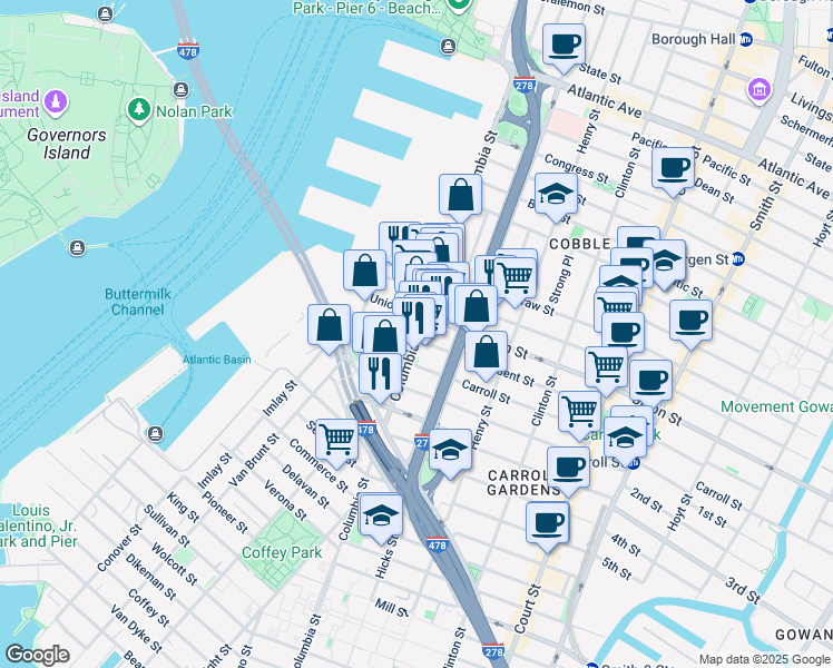 map of restaurants, bars, coffee shops, grocery stores, and more near 86 Union Street in Brooklyn