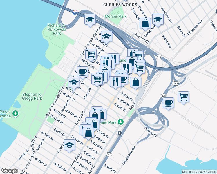 map of restaurants, bars, coffee shops, grocery stores, and more near 40 West 52nd Street in Bayonne