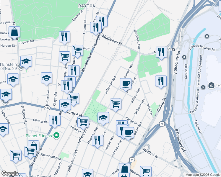 map of restaurants, bars, coffee shops, grocery stores, and more near 1134 Alina Street in Elizabeth