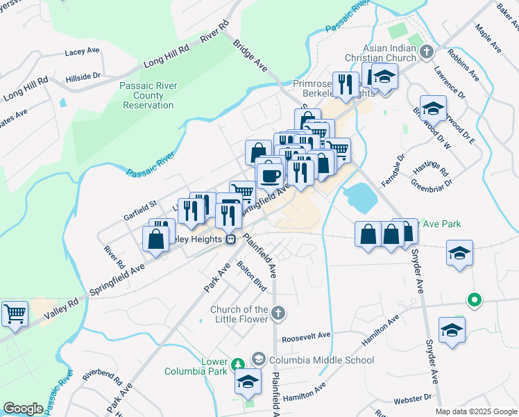 map of restaurants, bars, coffee shops, grocery stores, and more near 465 Springfield Avenue in Berkeley Heights