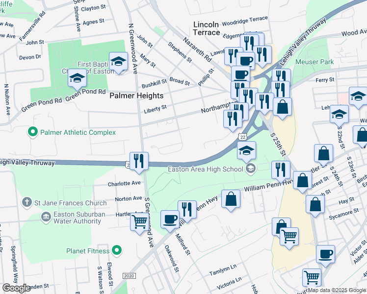 map of restaurants, bars, coffee shops, grocery stores, and more near 150 South Kathryn Street in Easton