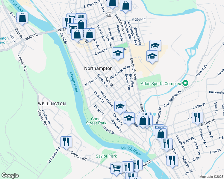 map of restaurants, bars, coffee shops, grocery stores, and more near 1543 Main Street in Northampton