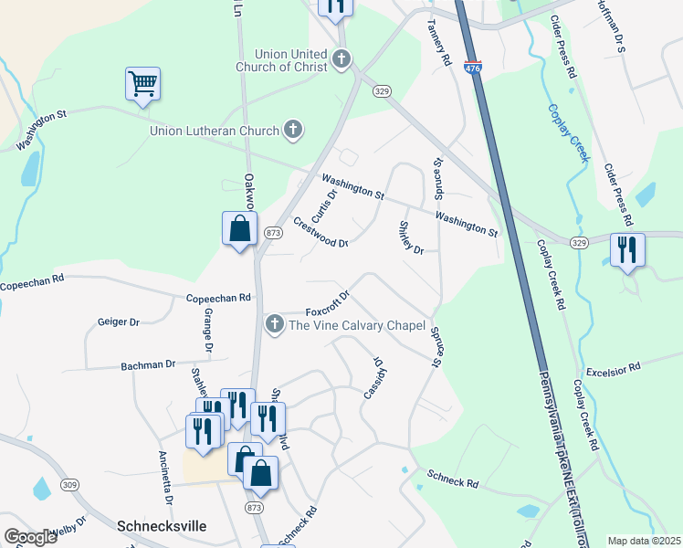 map of restaurants, bars, coffee shops, grocery stores, and more near 5217 Timber Lane in Schnecksville