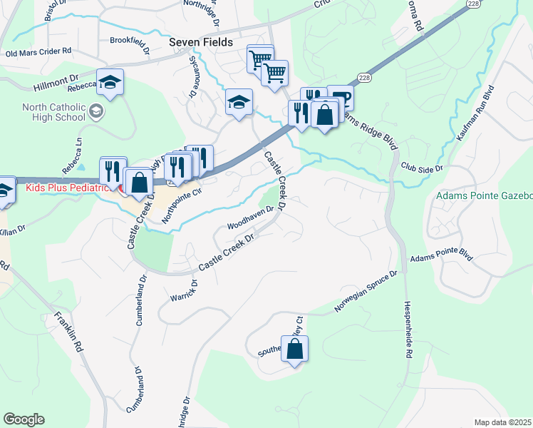 map of restaurants, bars, coffee shops, grocery stores, and more near 50 Castle Creek Drive in Seven Fields