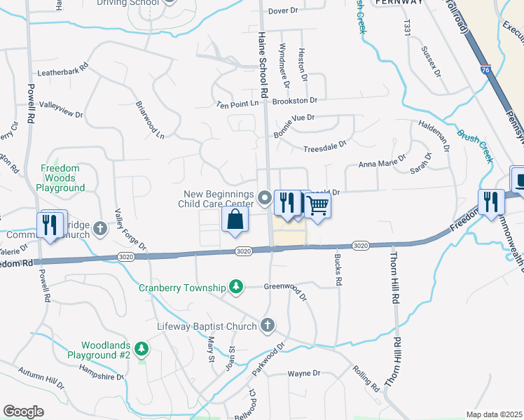 map of restaurants, bars, coffee shops, grocery stores, and more near 201 Joyce Drive in Cranberry Township