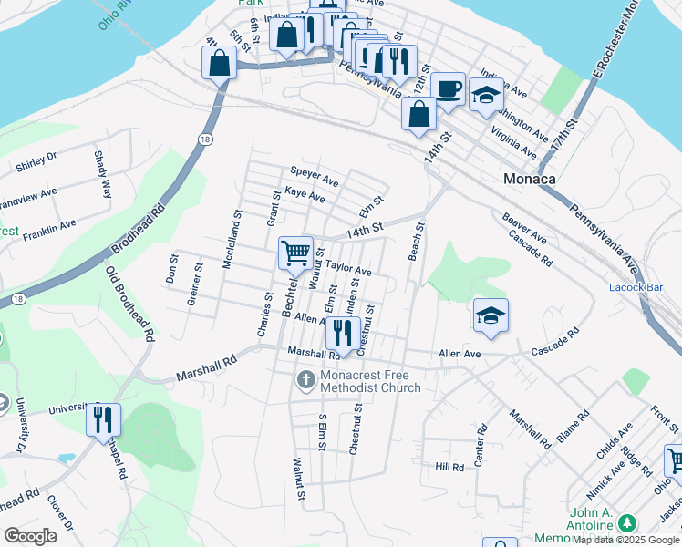 map of restaurants, bars, coffee shops, grocery stores, and more near 1013 Elm Street in Monaca