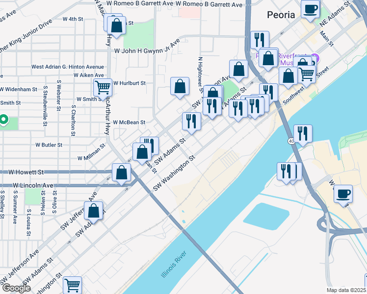 map of restaurants, bars, coffee shops, grocery stores, and more near 1001 Southwest Adams Street in Peoria