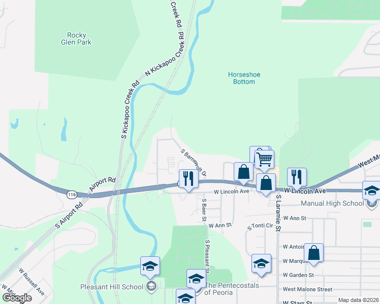 map of restaurants, bars, coffee shops, grocery stores, and more near 412 South Barnewolt Drive in Peoria