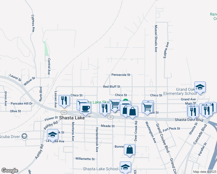 map of restaurants, bars, coffee shops, grocery stores, and more near 4488 Red Bluff Avenue in Shasta Lake