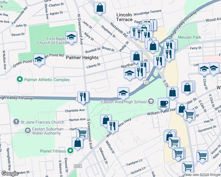 map of restaurants, bars, coffee shops, grocery stores, and more near 150 South Kathryn Street in Easton