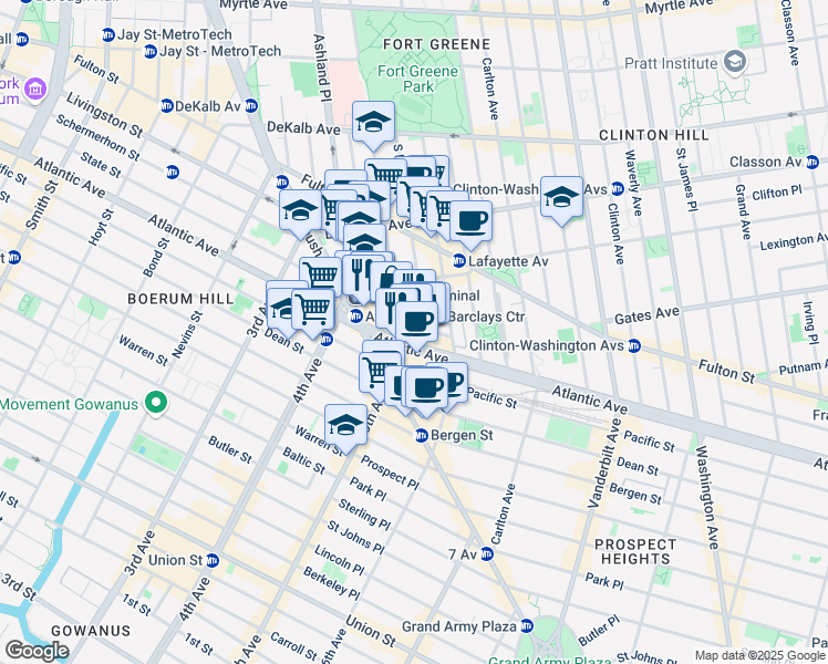map of restaurants, bars, coffee shops, grocery stores, and more near 174 Fort Greene Place in Brooklyn