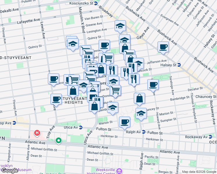 map of restaurants, bars, coffee shops, grocery stores, and more near 613 Macon Street in Brooklyn