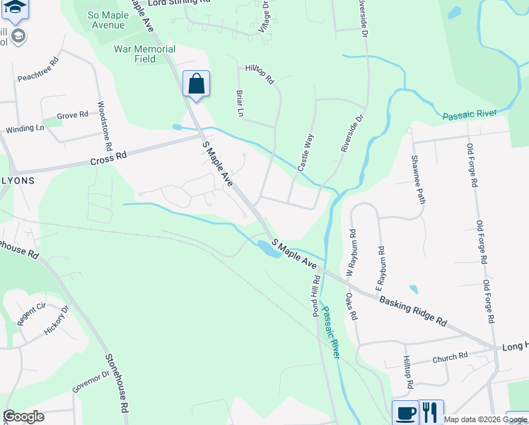 map of restaurants, bars, coffee shops, grocery stores, and more near 15 Hilltop Road in Basking Ridge