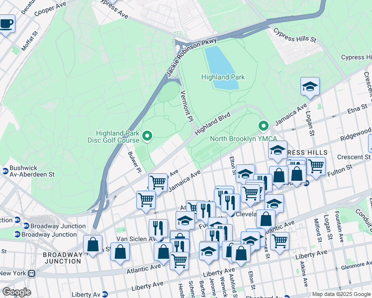 map of restaurants, bars, coffee shops, grocery stores, and more near 372 Highland Boulevard in Brooklyn