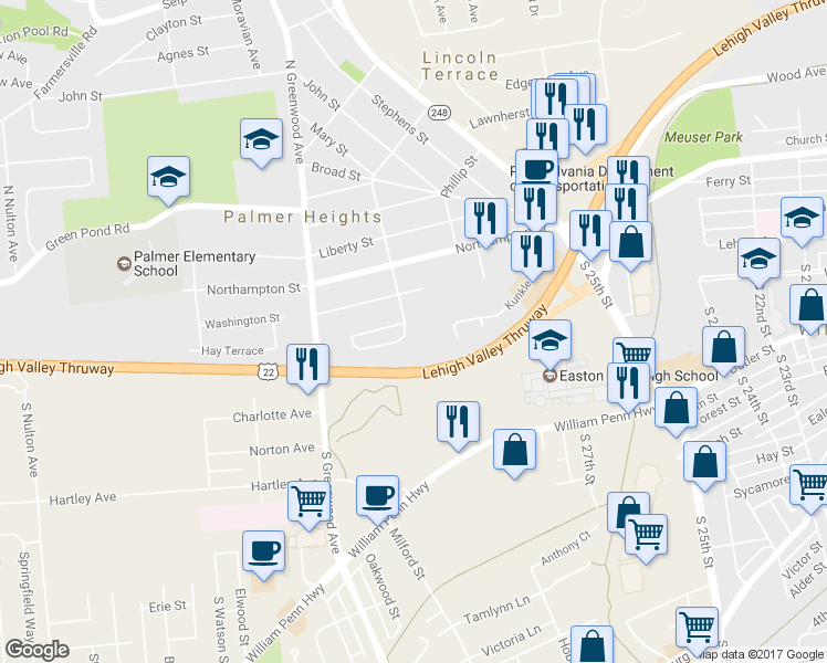 map of restaurants, bars, coffee shops, grocery stores, and more near 200 South Kathryn Street in Easton