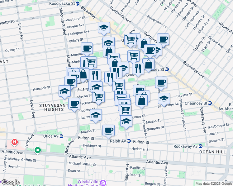 map of restaurants, bars, coffee shops, grocery stores, and more near 684 Macon Street in Brooklyn