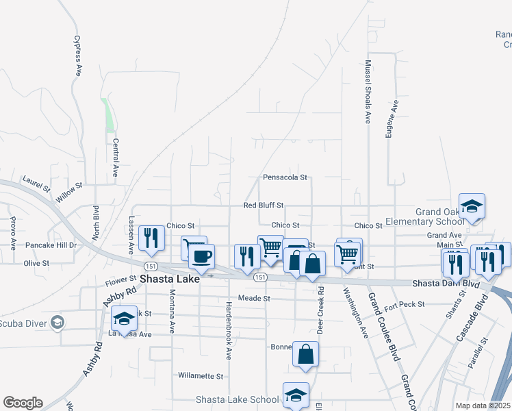 map of restaurants, bars, coffee shops, grocery stores, and more near 4488 Red Bluff Avenue in Shasta Lake