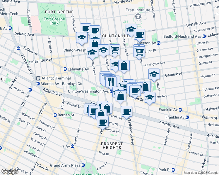 map of restaurants, bars, coffee shops, grocery stores, and more near 480 Clinton Avenue in Brooklyn