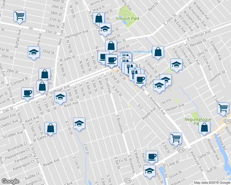 map of restaurants, bars, coffee shops, grocery stores, and more near 80 Kent Avenue in Lindenhurst