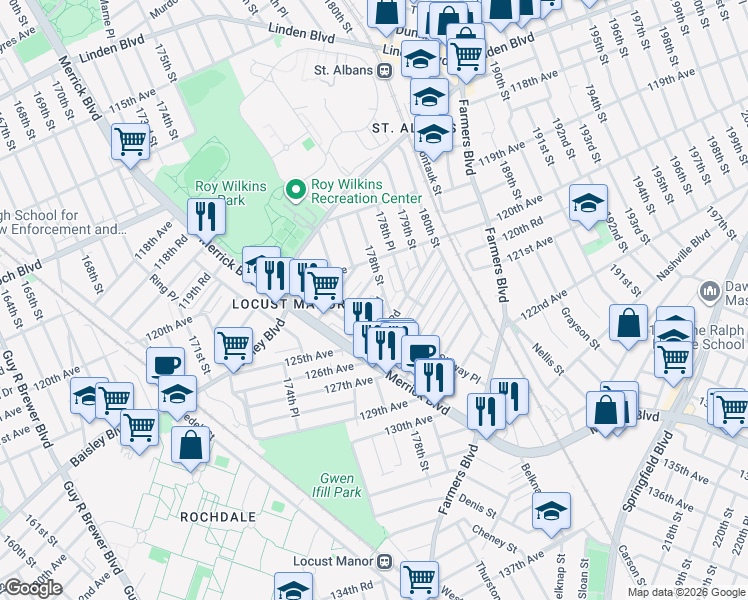 map of restaurants, bars, coffee shops, grocery stores, and more near in Queens