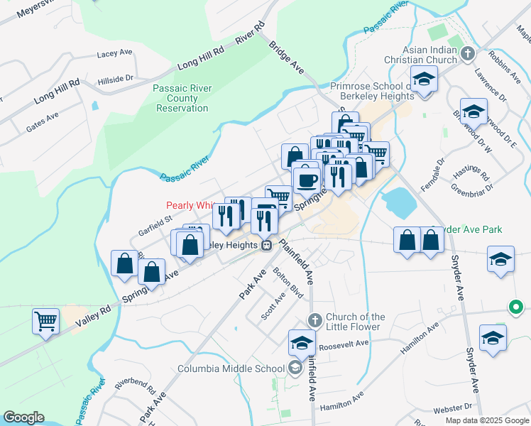 map of restaurants, bars, coffee shops, grocery stores, and more near 212 Washington Street in Berkeley Heights