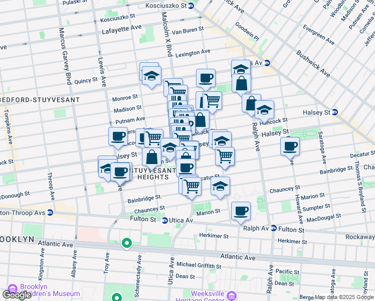 map of restaurants, bars, coffee shops, grocery stores, and more near 668 Hancock Street in Brooklyn