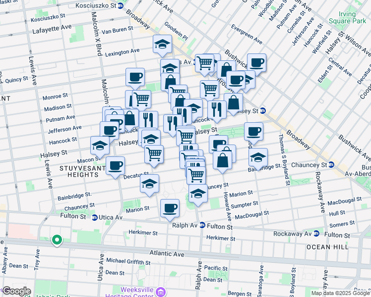 map of restaurants, bars, coffee shops, grocery stores, and more near 774 Halsey Street in Brooklyn