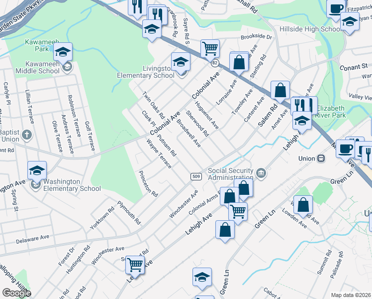 map of restaurants, bars, coffee shops, grocery stores, and more near 368 Broadwell Avenue in Union
