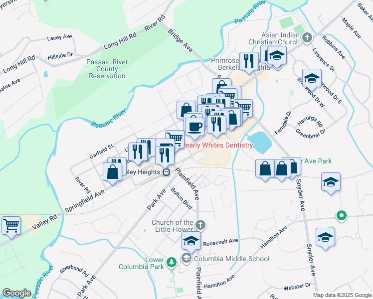 map of restaurants, bars, coffee shops, grocery stores, and more near 465 Springfield Avenue in Berkeley Heights