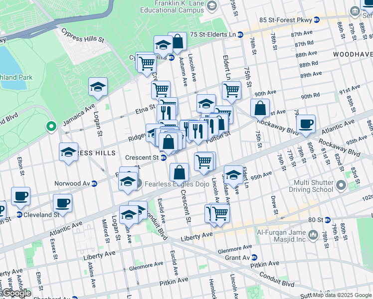 map of restaurants, bars, coffee shops, grocery stores, and more near Fulton St & Hemlock St in Brooklyn