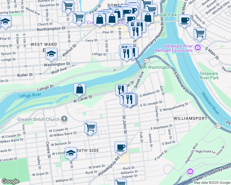 map of restaurants, bars, coffee shops, grocery stores, and more near 228 West Canal Street in Easton