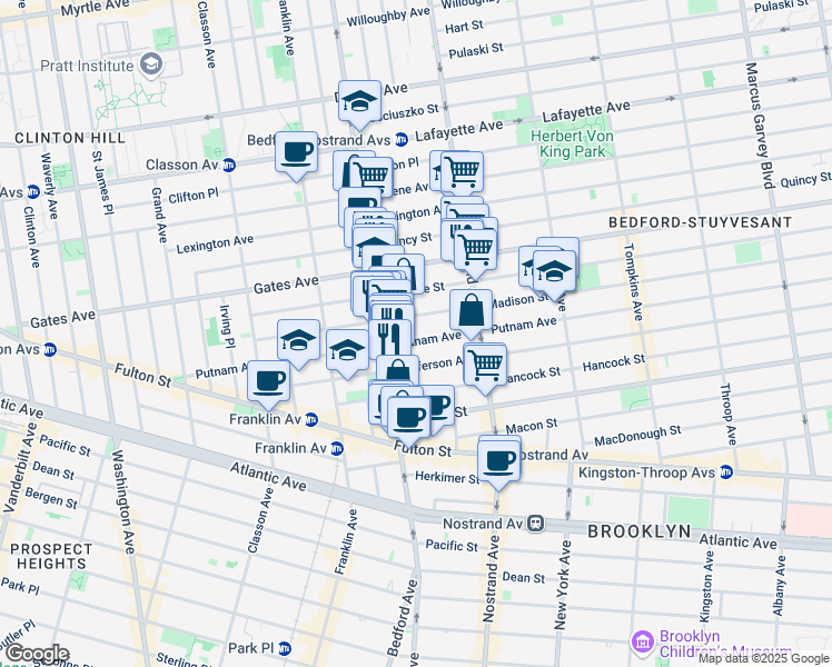 map of restaurants, bars, coffee shops, grocery stores, and more near 149 Madison Street in Brooklyn