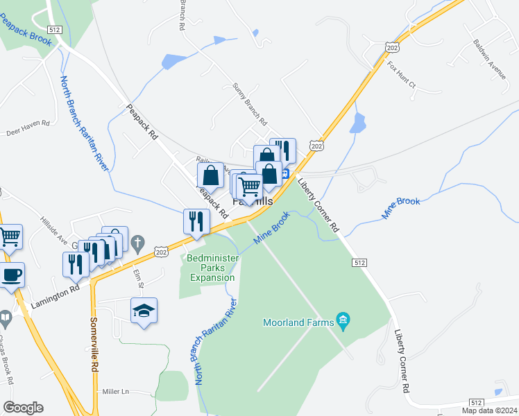 map of restaurants, bars, coffee shops, grocery stores, and more near 35 U.S. 202 in Far Hills