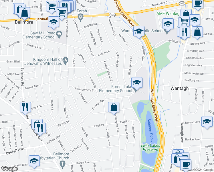 map of restaurants, bars, coffee shops, grocery stores, and more near 1531 Oxford Road in Wantagh