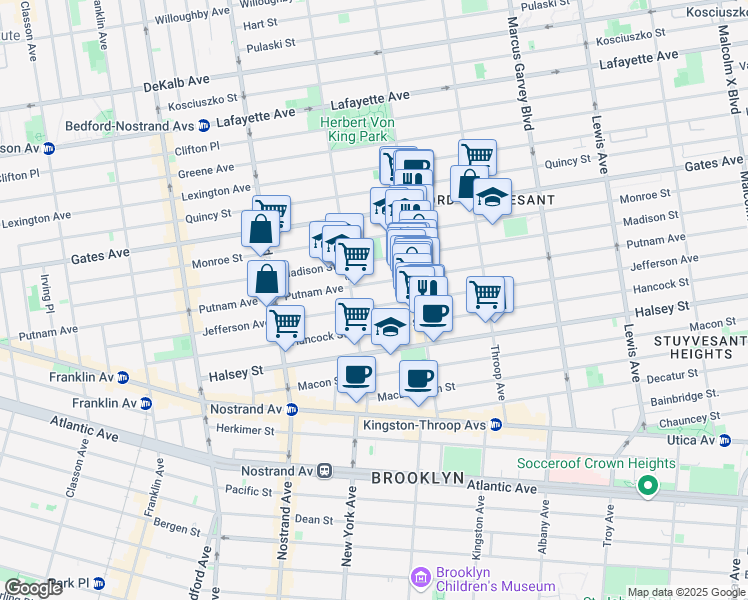 map of restaurants, bars, coffee shops, grocery stores, and more near 293 Jefferson Avenue in Brooklyn