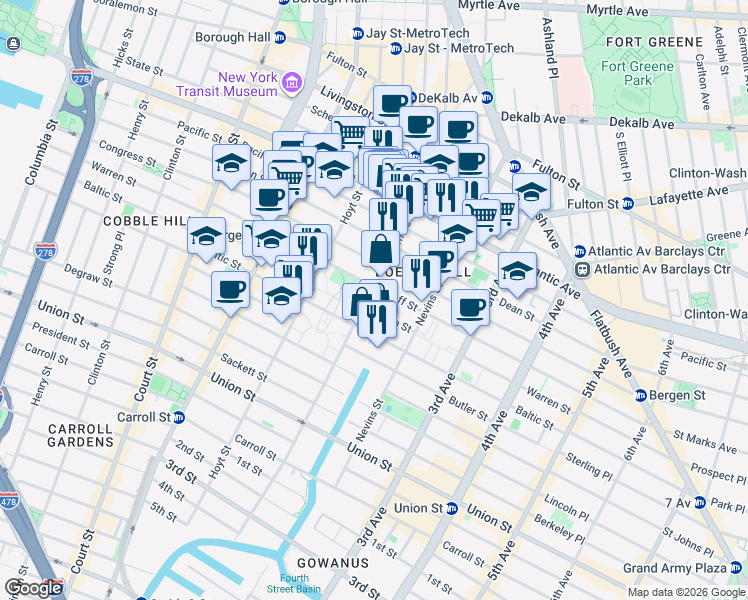 map of restaurants, bars, coffee shops, grocery stores, and more near 163 Bond Street in Brooklyn